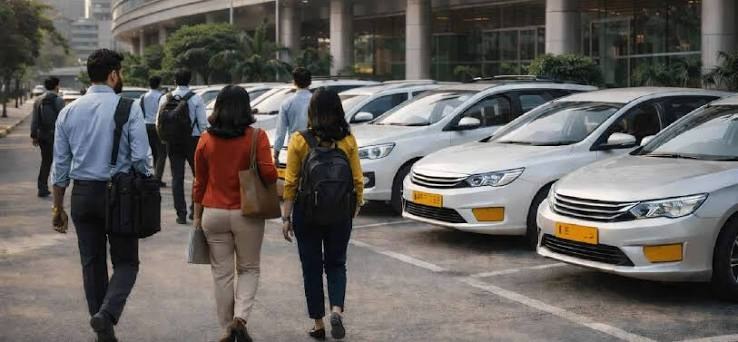 Employees walking to their office cabs