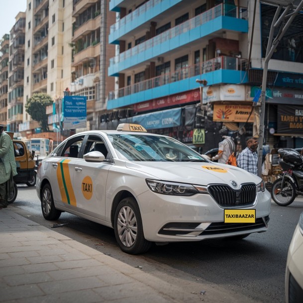 White TaxiBaazar cab with a TAXIBAAZAR number plate on a city street